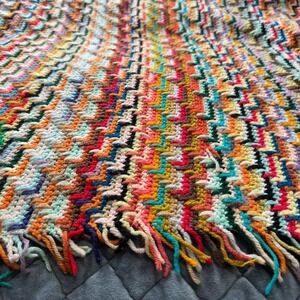 Afghan Crocheted Handmade Multicolor Zig Zag Cottage 1970s 70" x 108" VTG Boho